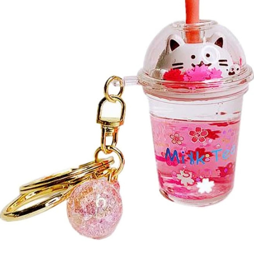 Ergugos Cute Cat Milk Tea Keychain Simulation Bubble Milk Tea Key Chai